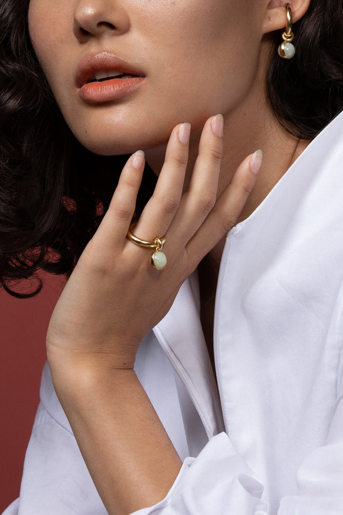 hana kim recycled silver Bold Drop Ring gold plated set with a Swiss jade stone