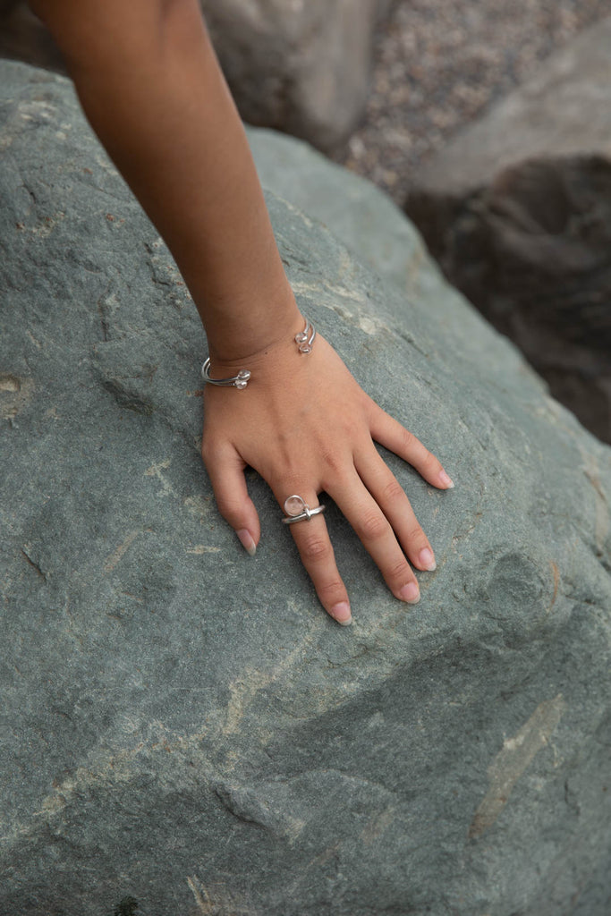 hana kim recycled silver Bold Drop Ring  set with a Swiss quartz crystal