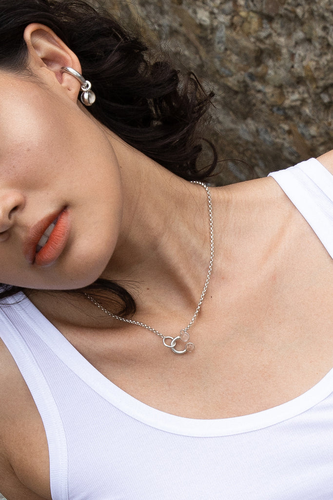 hana kim recycled silver U Drop Necklace set with Swiss quartz crystals